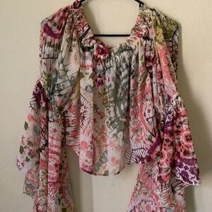 Live 4 Truth Sheer Floral off the Shoulder Crop Top Bell Sleeves Size M